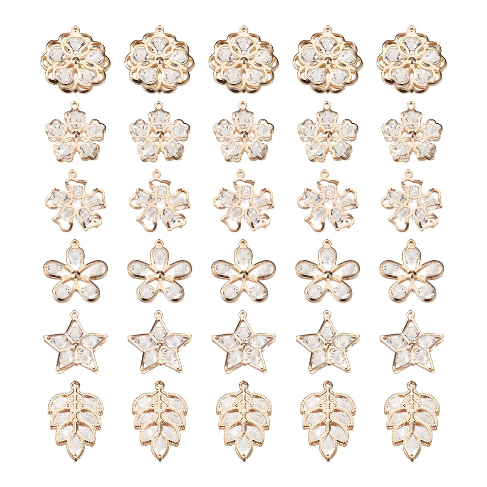 

60pcs Flower Shape Alloy Rhinestone Pendants Clear Glass Stone Charms for Dangle Earrings Necklace Wristband DIY Jewelry Making