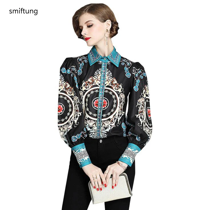 custom-made xu.shutan fashion women's vintage shirt / spring & autumn printing black shirt / long sleeve / lantern sleeve