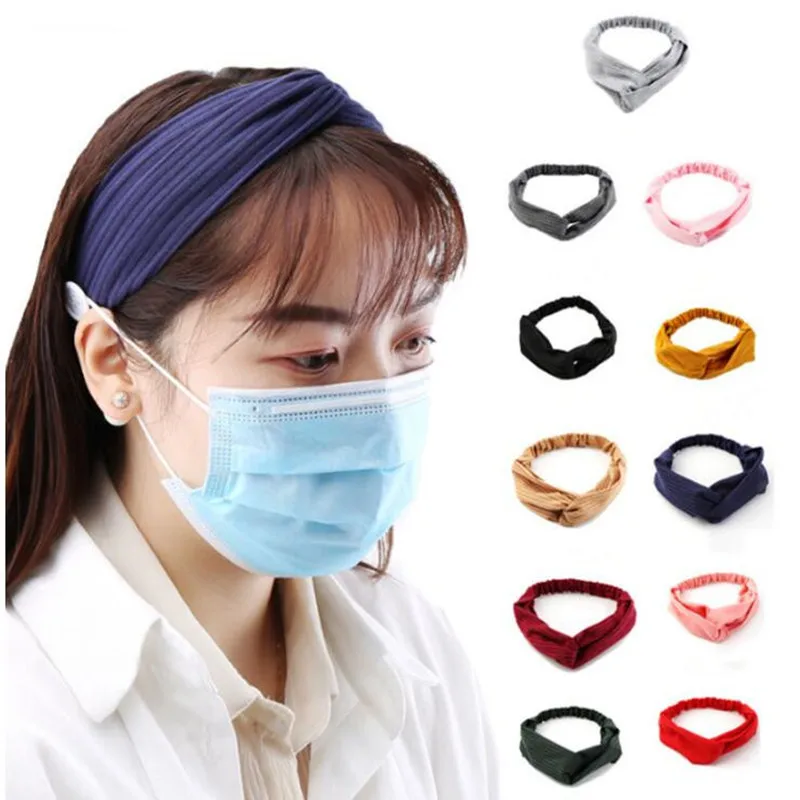 Accesorios para el cabello para mujer, mascarillas con botón Anti-Cuero, banda para el cabello, deportes, Yoga, Cruz elástica, diadema de punto de Color sólido, tocado, 2021