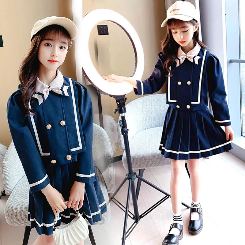 New Fashion School Uniform Sets for Girls Spring Fall Navy Blue Kids Gentleman Shirt + Skirts Formal Clothes Sets for 4-14Years