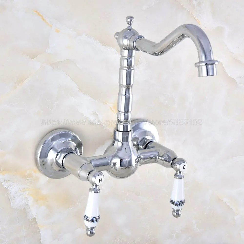 

Polished Chrome Dual Handles Bathroom Kitchen Sink Faucets Wall Mounted Swivel Spout Two Holes Kitchen Mixer Taps znf570