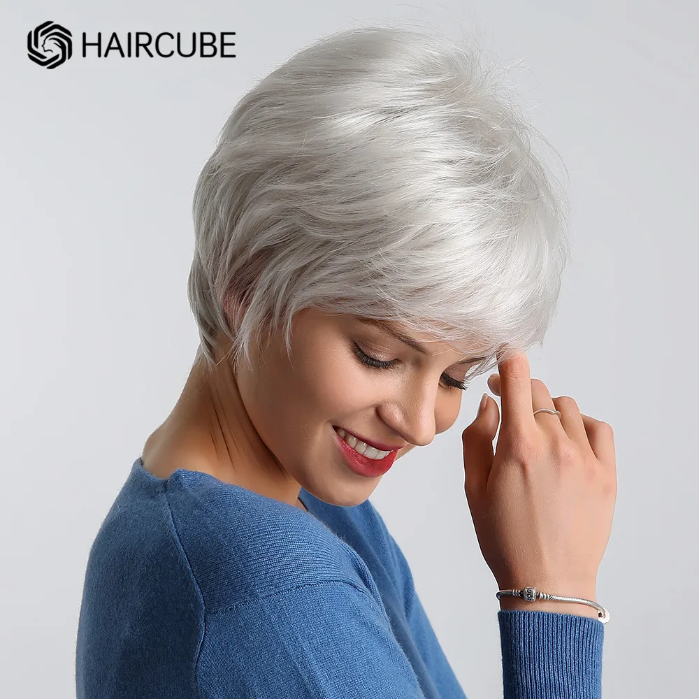 HAIRCUBE Silver Hair Short White Blonde Costumes Wigs for Women Heat Resistant Synthetic Fiber Mixed Human Hair Wig Daily Use