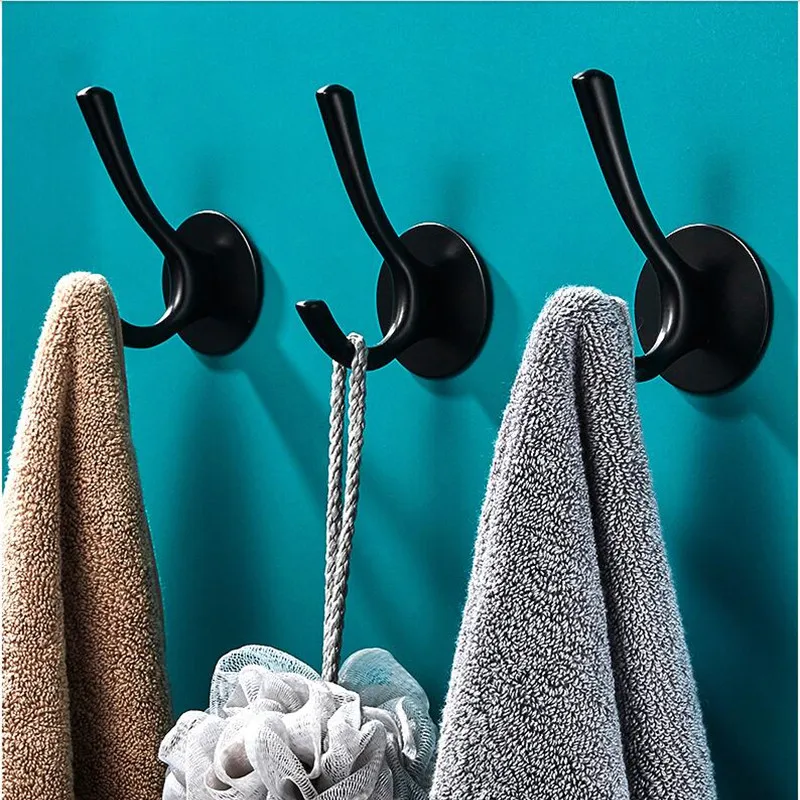 Robe Hooks Black Aluminum Towel Hook Bathroom Nail Free Coat Hanger Vintage Round Base Bathroom Accessories Decorative