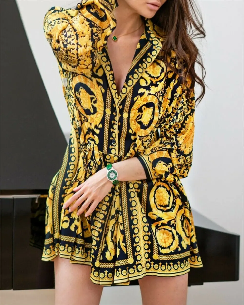 Vintage Womens Boho Dress Loose Long Sleeve Party A-Line Dress Ladies Sexy V-neck Swing Short Mini Dresses Autumn Fashion