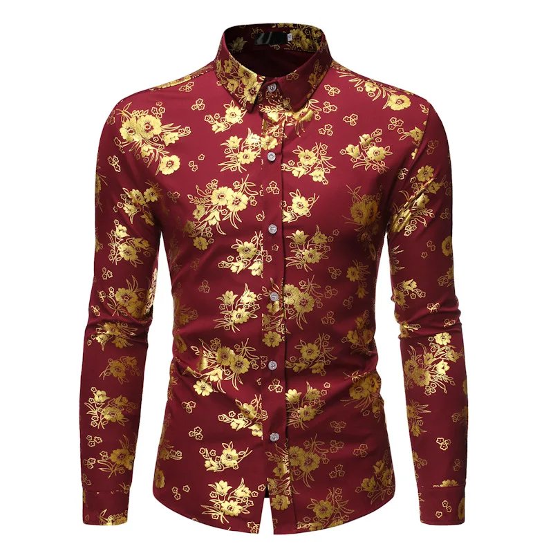 Mens Fashion Shiny Gold Floral Printed Button Down Dress Shirts Camisa Masculina 2023 Brand Black Slim Fit Long Sleeve Shirt Men