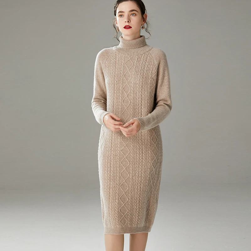 

Women's Monochromatic Loose Knit Dress, Pullover Knitting Dress, Urban Casual, 100% Pure Wool, High Collar, Thickened, Autumn, W