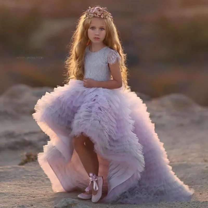 Vestidos de encaje Alto y Bajo para niña, vestidos de primera comunión con cuello de Joya, manga corta, desfile de princesa, novedad de 2020