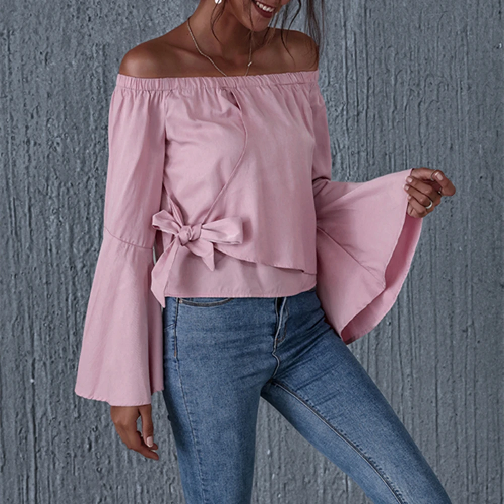 Pdfmily Pink Off Shoulder Casual Tops And Blouse Women Solid Bandage Long Flare Sleeve Shirts Bow Tie Waist Loose Ladies Blouse