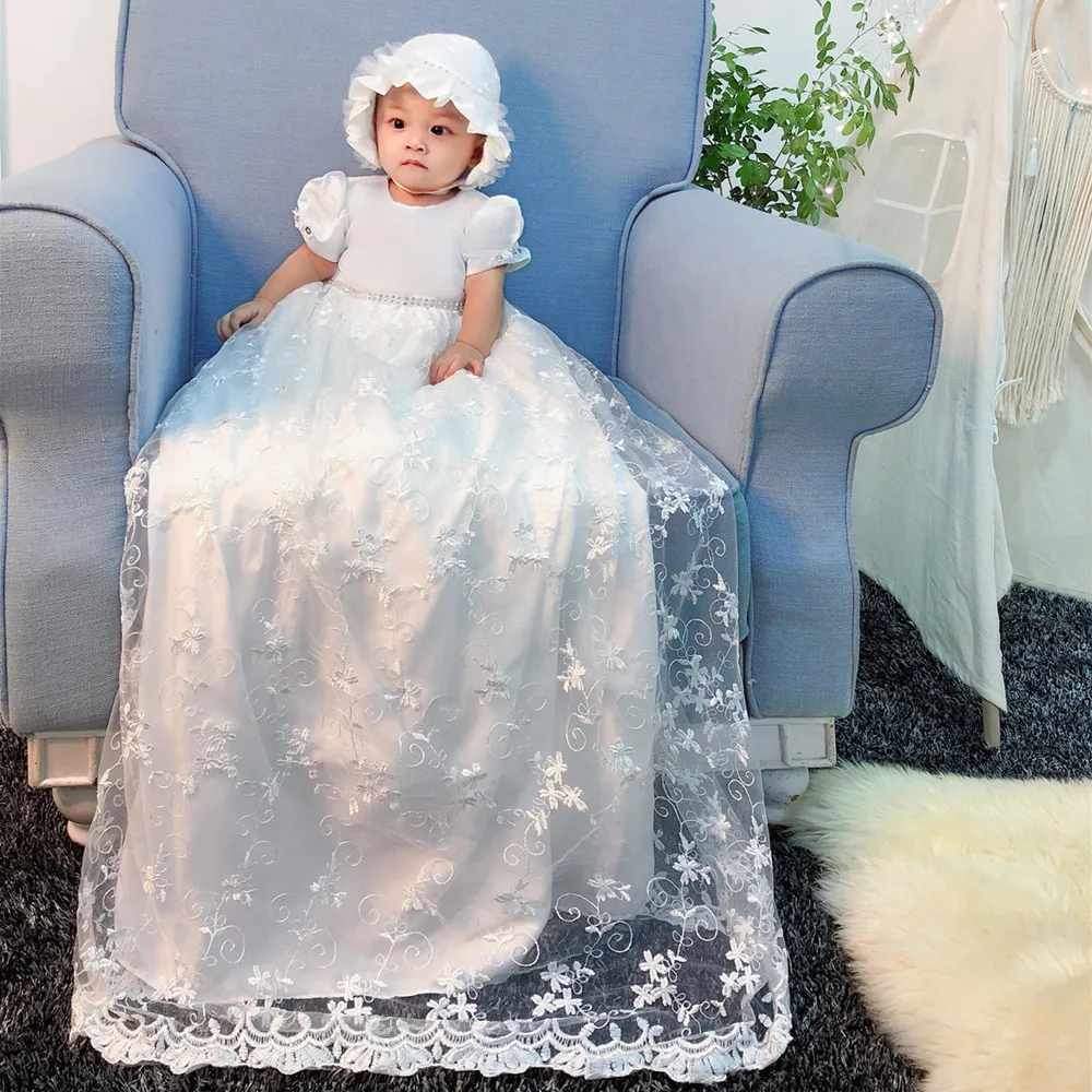 Laço branco princesa bebê primeira comunhão vestidos meninas vestido com faixas de fita crianças vestido longo da menina de flor