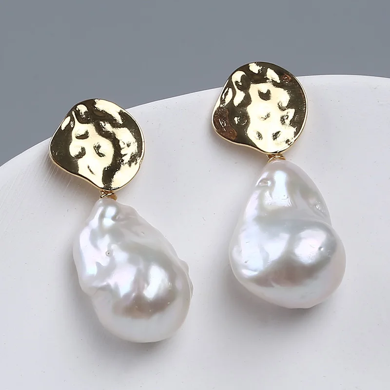 

17-18mm Baroque Pearl Drop Earrings Gold Coin Accessory Irregular Barque Pearl Earrings