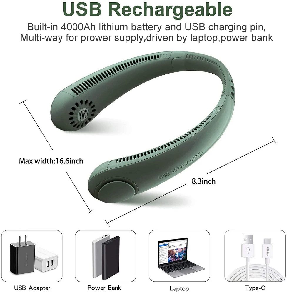 Mi-Mini Ventilateur de Cou Portable Sans Lame, Rechargeable par USB, pour dehors en Plein Air, Refroidissement