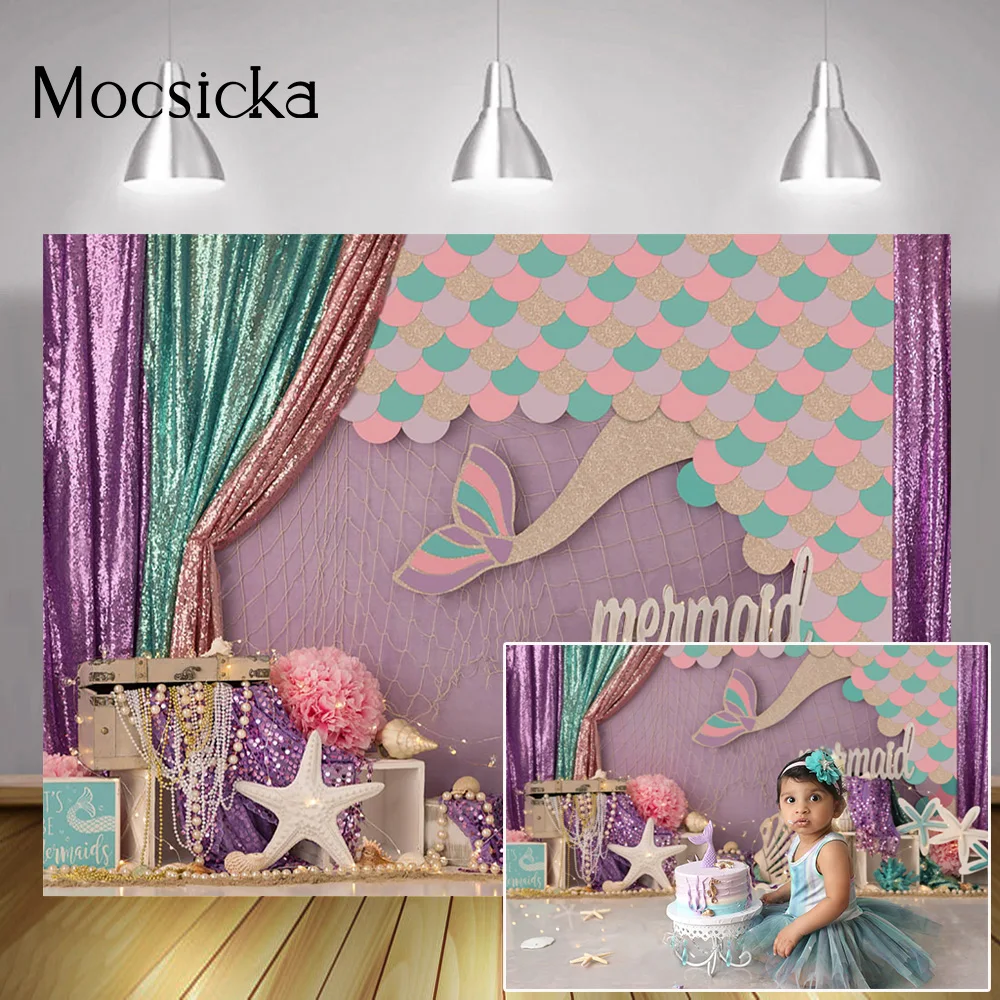 Mermaid Cake Smash Background Photography Purple Under the Sea Princess Portrait Backdrop Birthday Cake Table Photocall Props