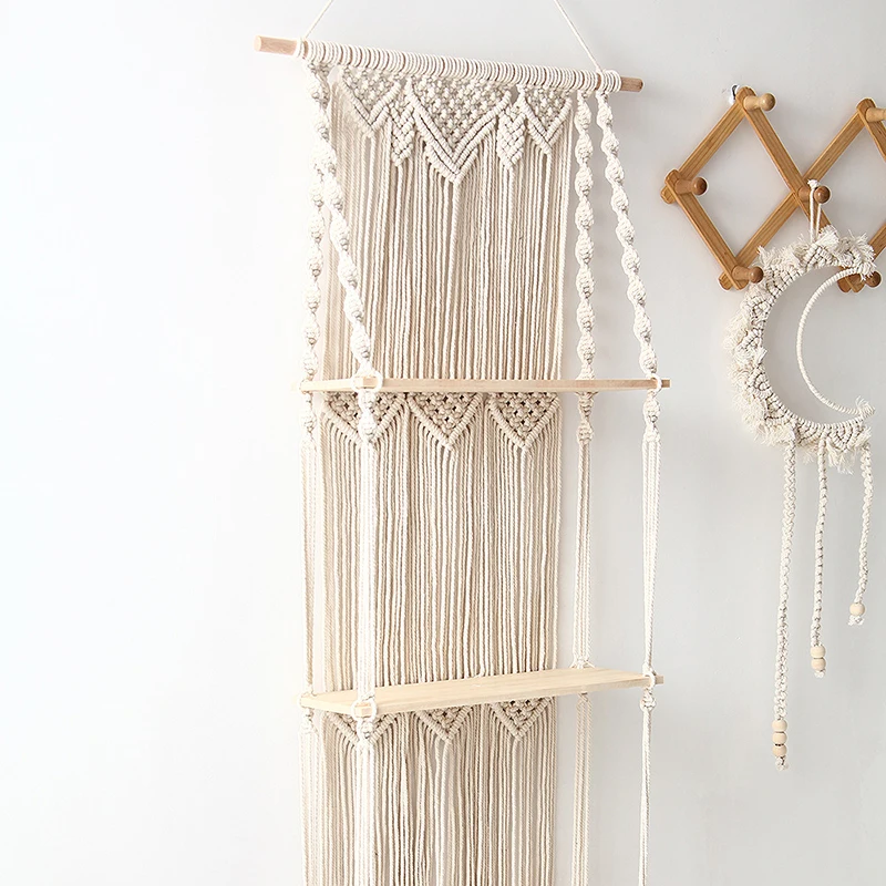 Imagem -03 - Madeira Bohemian Hand-woven Wall Hanging Macramé Tapeçaria Rack Prateleira de Armazenamento Ornamentos Decorativos Casa 1pc de