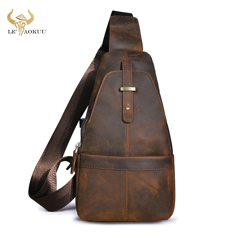 New Trend Men Crazy Horse Leather Casual Antique Triangle Chest Sling Bag 8