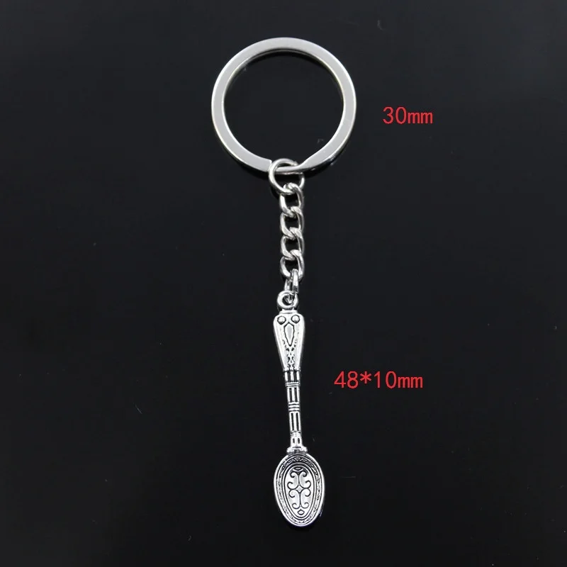 New Fashion Men 30mm Keychain DIY Metal Holder Chain Vintage Pattern Spoon 48x10mm Silver Color Pendant Gift