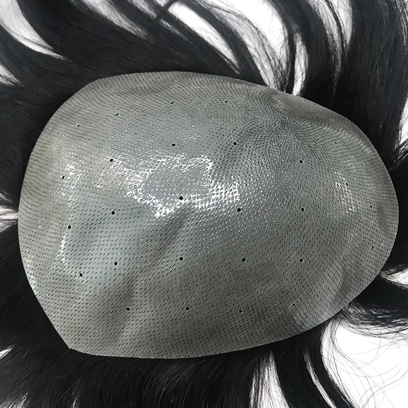 QHP Biological Scalp Men Toupee Thick PU Wigs Indian Remy Human Hair Breathable Capillary Prosthesis Replacement System Natural