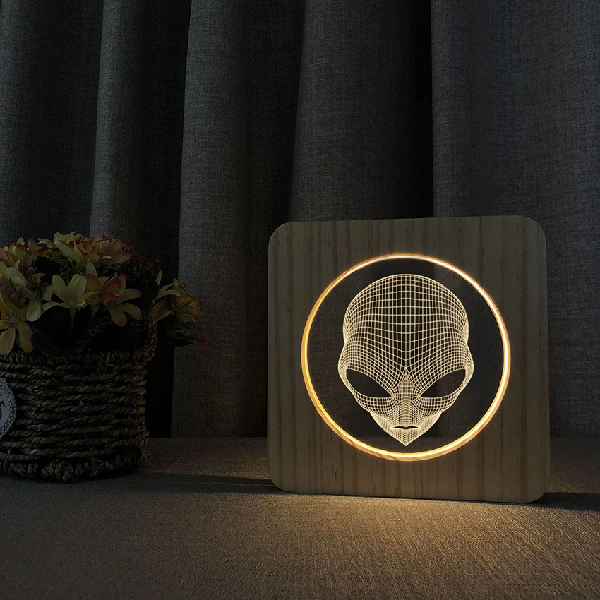 Alien 3D Wood Acrylic Lamp Night Light Wooden 3D LED Table Lamp Warm White Bedroom Decoration Creative Christmas Birthday Gift