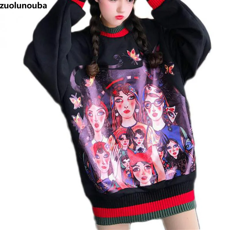 Autumn Winter New  O Neck Ladies Pullover Cartoon Comic Print Sweatshirt Velvet Comfortable And Warm Mid-length Women Tops