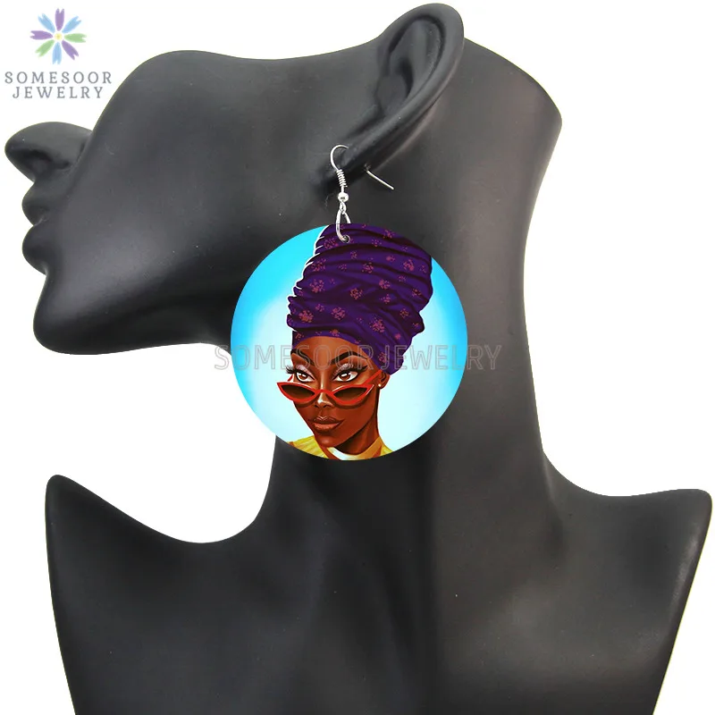 SOMESOOR Cute Black Girly Sister Easy Smile Painted Wooden Drop Earrings Afro Curly Natural Hair Arts Designs For Women Gifts