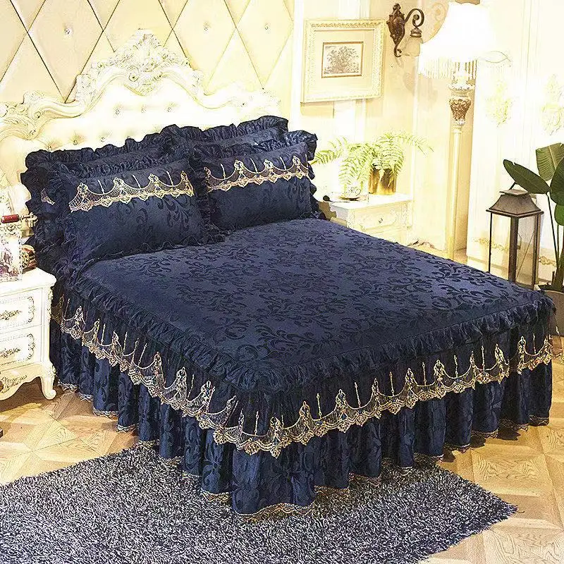 3pcs Set Good Quality Embossing Velvet Bed Skirt 1pc Romance Elegant Coral Fleece Bedspread Included 2pcs Pillowcase