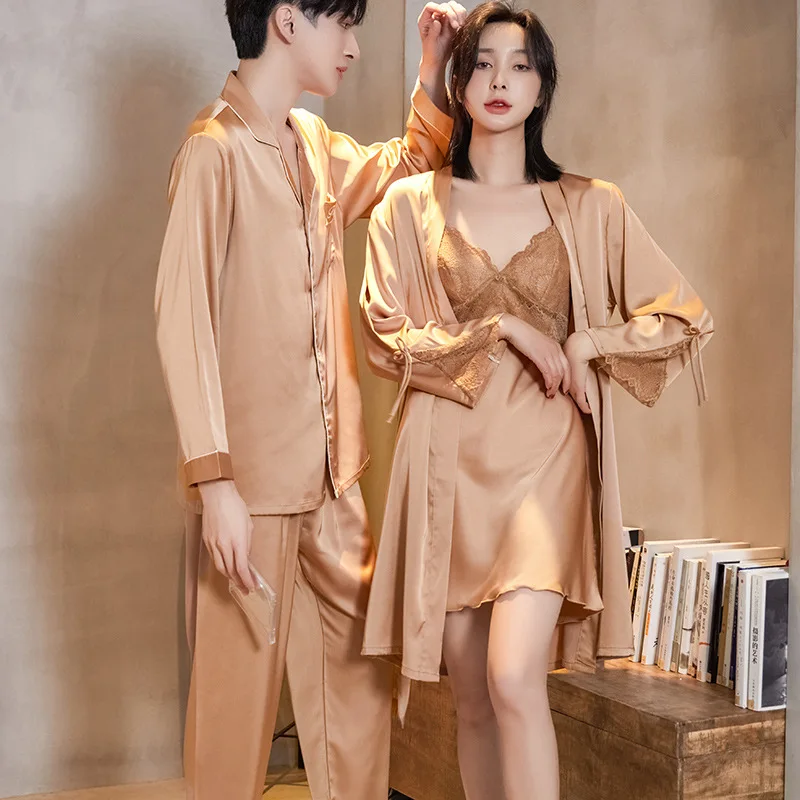 

Summer Ice Silk Men Pajamas Women Lace Trim Robe Sets Home Service Suit Casual Couples Sleepwear Nightwear