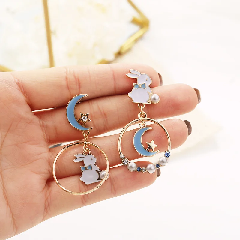 Pendientes asimétricos para adolescentes y mujeres, aretes de conejo, Luna, perla, estrella, cristal, Animal, joyería romántica, BT45T #34