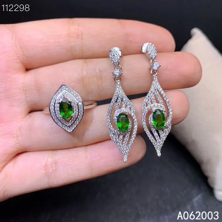 

KJJEAXCMY Fine Jewelry 925 sterling silver inlaid natural diopside ring earring set popular supports test