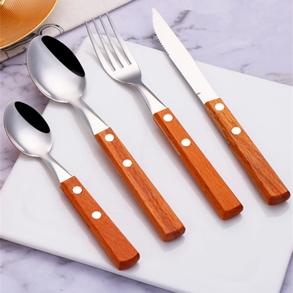 

Iyeafey Wood Handle Cutlery Set 304 Stainless Steel Dinner Fork Knife Spoon Coffee Spoons Dishes Dinnerware Set Tableware