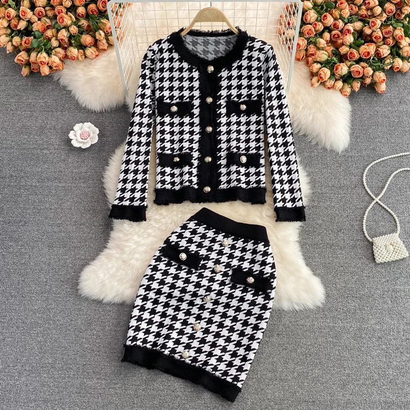 Women  2 pièces Autumn Winter Plaid Houndstooth Knitted Set Long Sleeve Cardigan+Elastic High Waist Skirt Two Pieces Set Spring