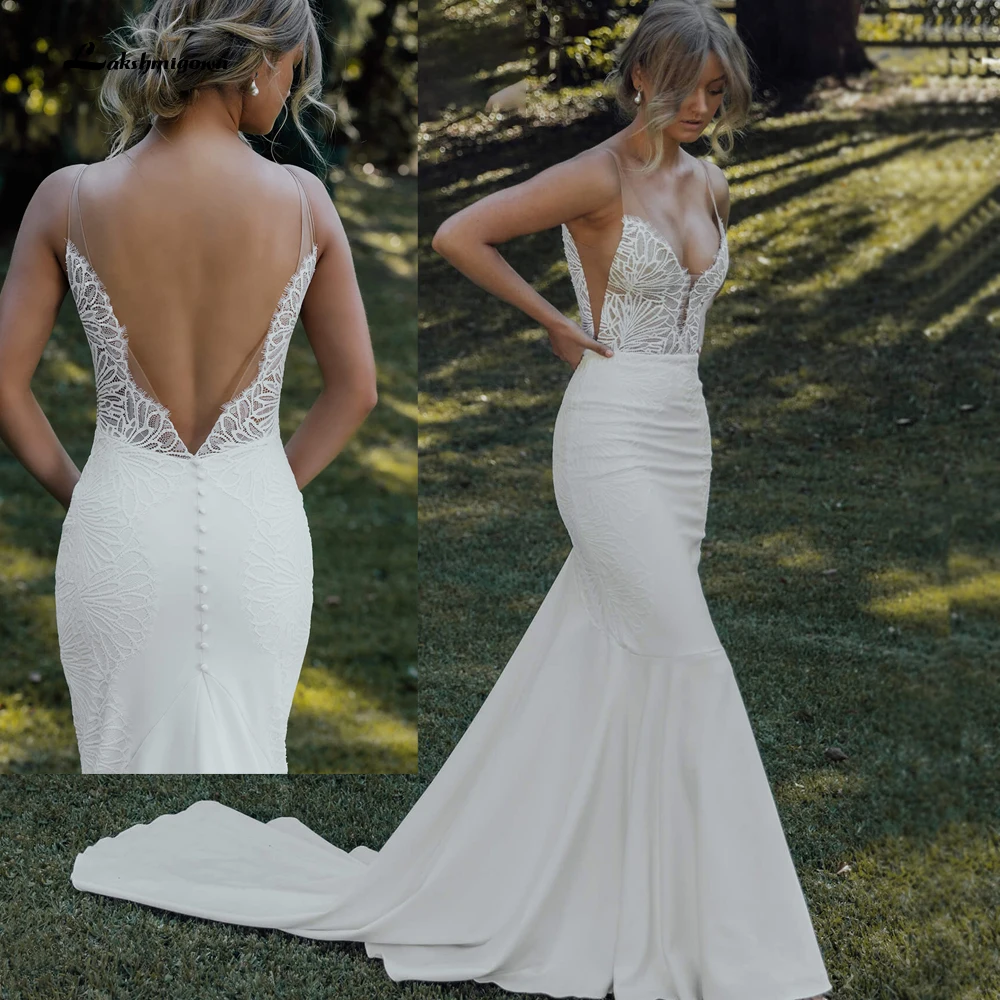 

Sexy Plunging V Neck Sleeveless Lace Stretch Crepe Wedding Dress Open Back Bridal Gowns Outdoor Country Bridal Gown Lakshmigown