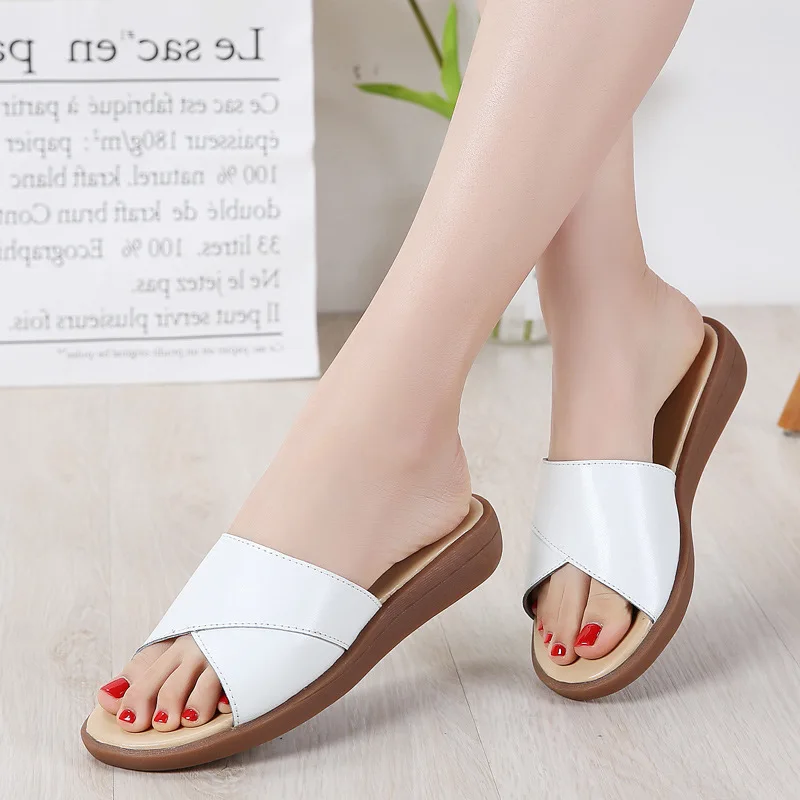 Slippers Women Summer Genuine Leather Cow Leather Shoes Woman Flats Slides High Quality Fashion Slippers Ladies Plus Size Shoes