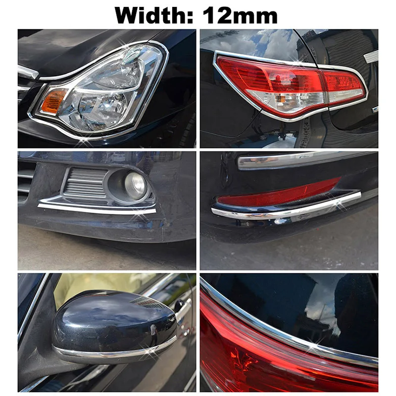 6/12/20mm Car Chrome Trim Piece Strips Headlight Taillight Cover Door Window Body Decorative Strip Moulding Interior Decoration