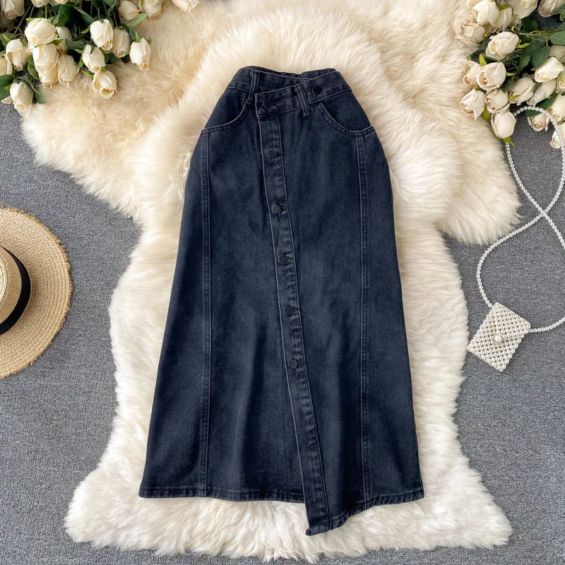 

New Chic Denim Skirt for Women Black High Waist Single Buttons Front Split Irregular A-line Midi Skirt Elegant Party Jeans Skirt