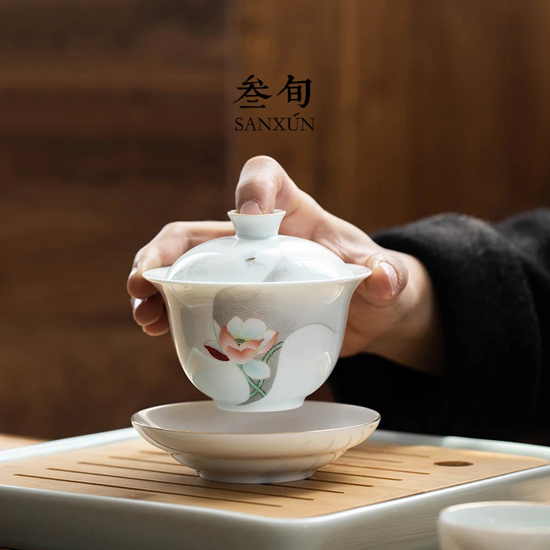 |ten-day qing lotus three tureen ceramic cups tea bowl of kung fu tea set manually shadow celadon tureen ink and wind