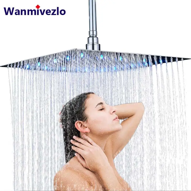 Chrome LED Light Bathroom Shower Head 16 inch Big Rainfall Shower Faucets Accessory Top Square Brass Ultra-thin Shower Head