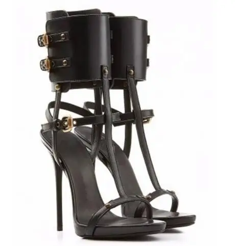 

sexy black leather bucklet strap hollow out open toe ladies summer sandals stiletto heeled woman rome sandals