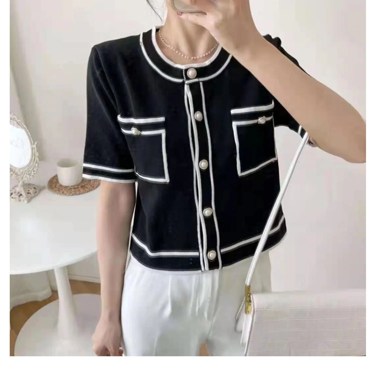 2022 Summer The New Contrast Bar Sweater Sweet All-Match Slim Round Neck Xiaoxiangfeng Knitting Cardigan Short Sleeve