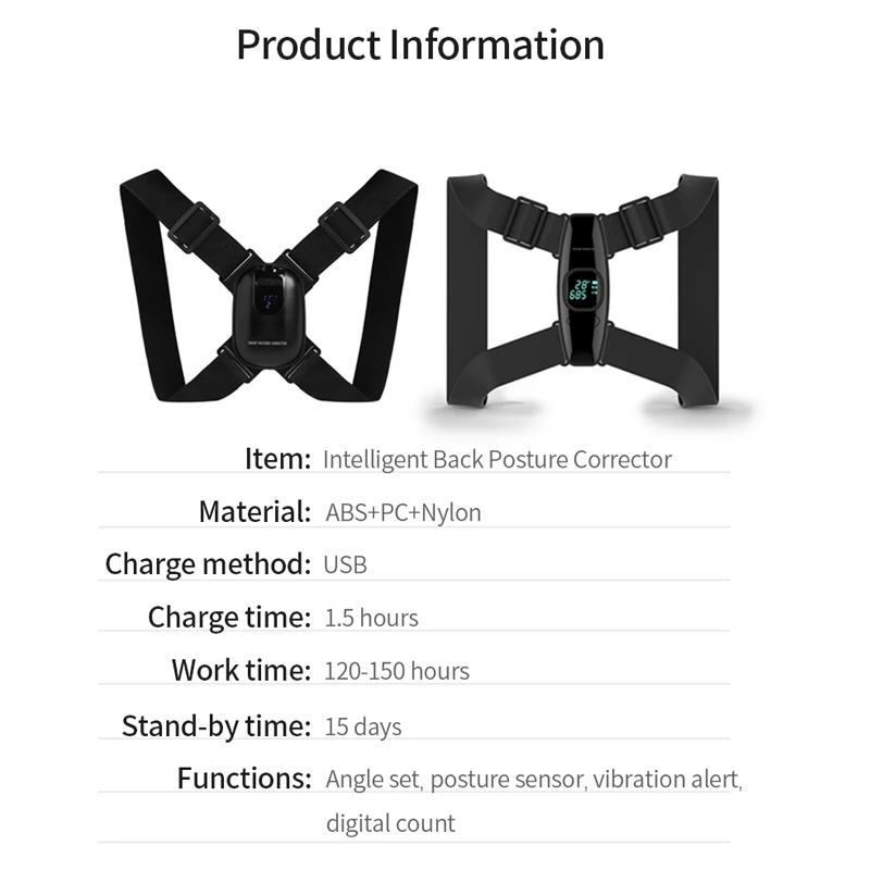 Smart Back Support Back Posture Corrector Intelligent Angle Sensor Vibration Reminder USB Charging LED Screen Children Adults