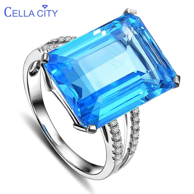 Cellacity Luxurious Geometry Aquamarine Rings for Women Simple Rectangle Blue Gemstones Silver 925 Jewelry Size6-10 Engagement