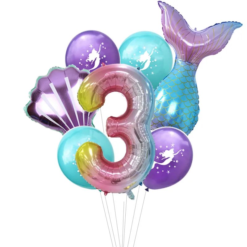 7 teile/los Regenbogen Anzahl Folien Ballons Meerjungfrau Latex Ballon Meerjungfrau Schwanz Globos Geburtstag Party Dekorationen Jahrestag Dekor – Detail 3