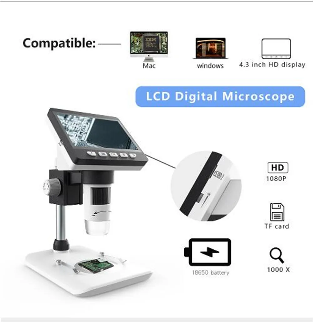 4.3 Inch Display  1080P 1000x Electronic Digital Microscope Screen Microscope  Handheld Endoscope Camera Magnifier Borescope