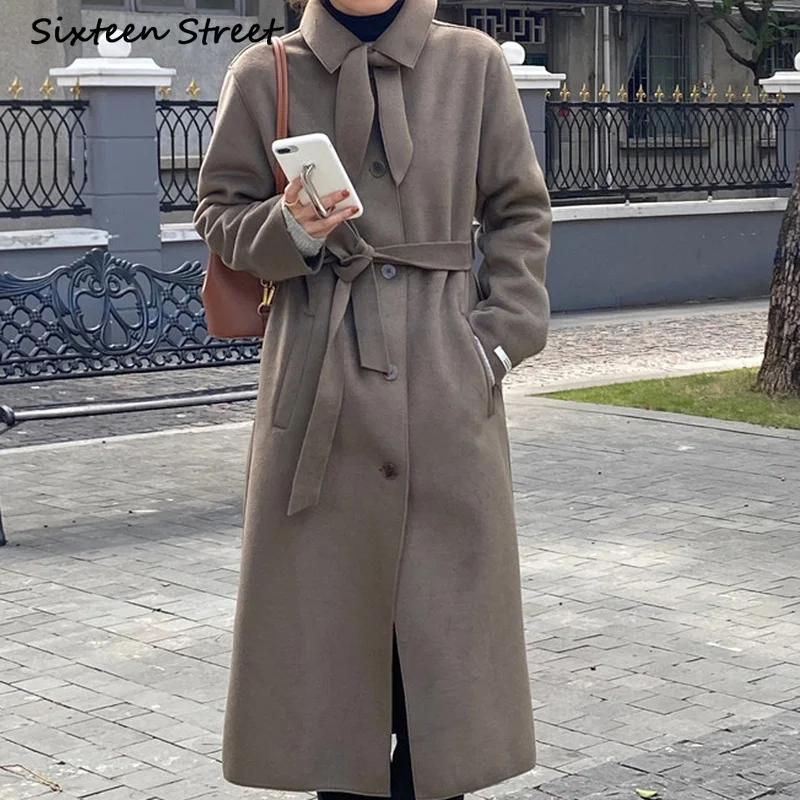 

Elegant Ladies Bow Belt Cashmere Overcoat Wool Coats and Jackets Women Vintage Korean Women Clothing 2021 Single Breasted Y2k