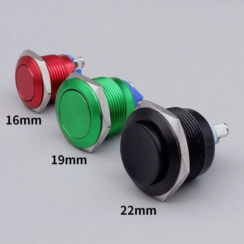 Momentary Push Button Switch Oxidation Metal Self Reset 16mm/19mm/22mm Red Blue Black Green Yellow Color 1NO Screw Pin Terminal