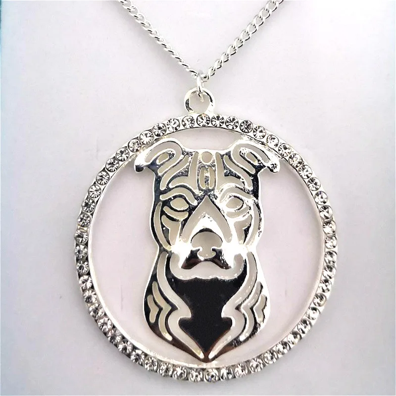 American Staffordshire Terrier Pit Bull Crystal Stainless Steel Women Necklace Jewelry Femme Dog Key Chain With Gift Box