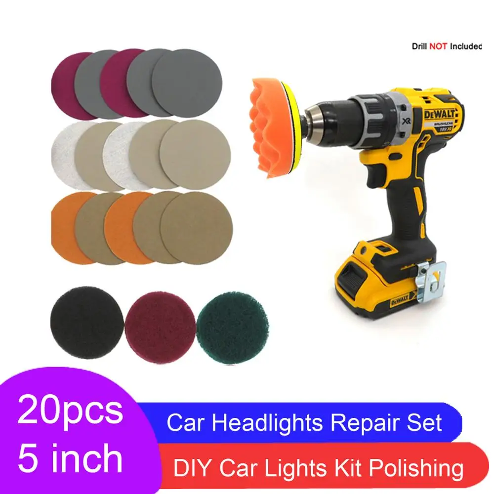 

20 Pcs 5 Inch M14 Thread 6mm Drill Adapter Sponge Polishing Pad Set Buffer Waxing Kit for Auto Car Care Headlight Repair