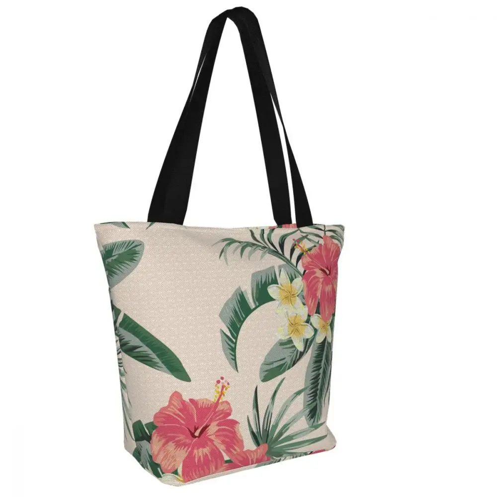 Hawaii Egg Flower Printed Canvas Recycle Shopping Bag Large Capacity Customize Zipper Tote Fashion Ladies Casual Shoulder Bags