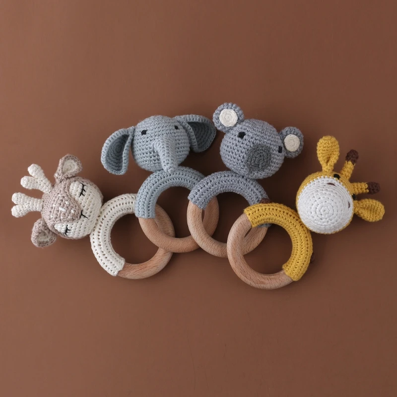 BPA Free Baby Wooden Teether Crochet Cartoon Baby Rattle Toys Wooden Ring Rodent Toys Mobile Gym Kids Newborn Educational Toys