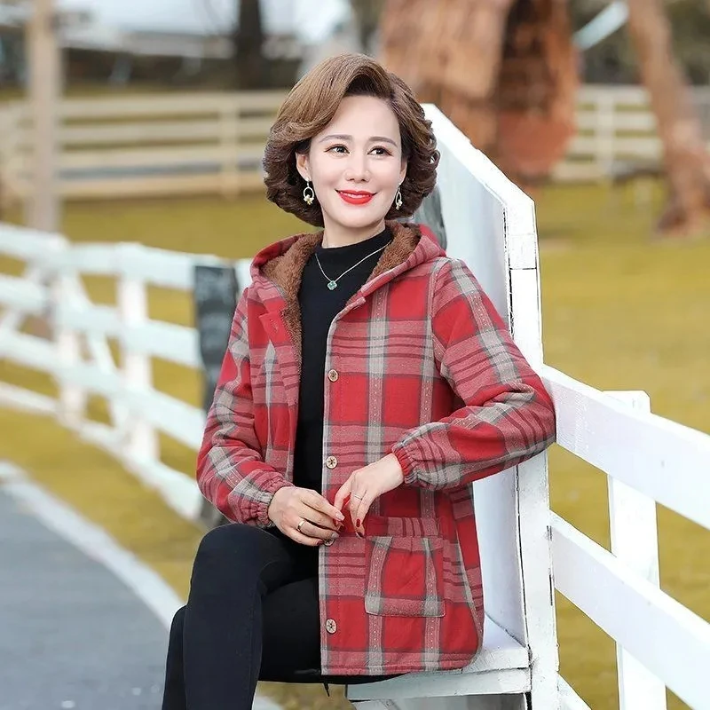 Middle-Aged and Elderly Women's Autumn Winter Fleece Hooded Casual Jacket 40-Year-Old Women's Cotton Outerwear Mother Loose Coat