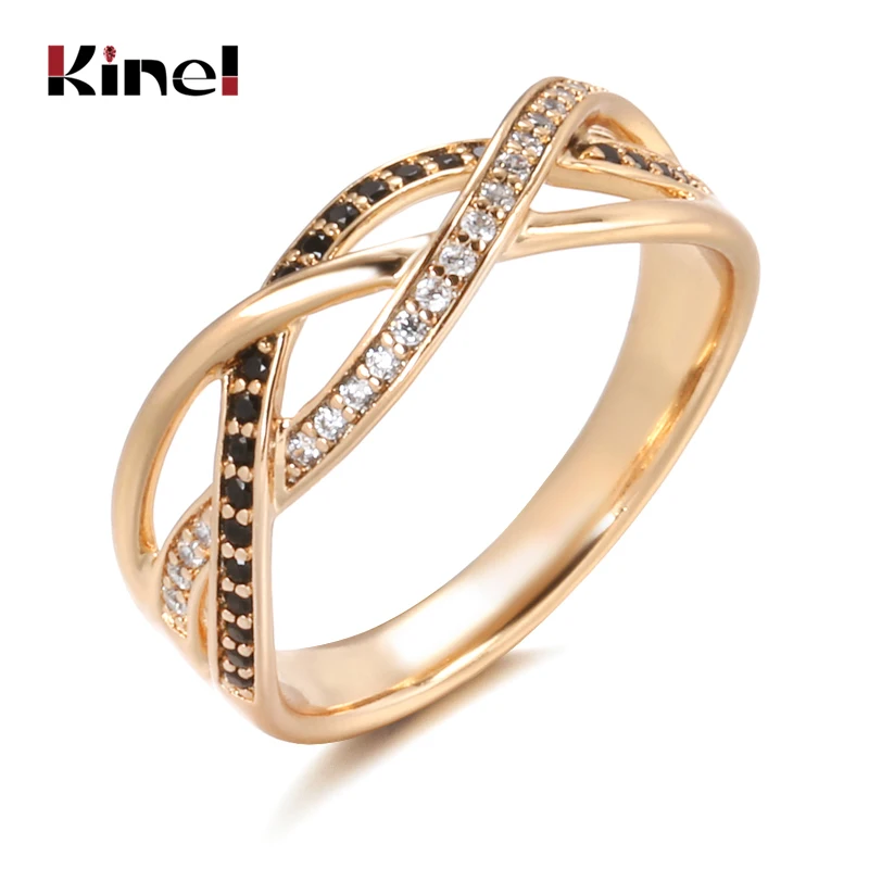 Kinel Luxury 585 Rose Gold Natural Black Zircon Ring Geometric Line Cross Wedding Rings for Women Vintage Fashion Jewelry