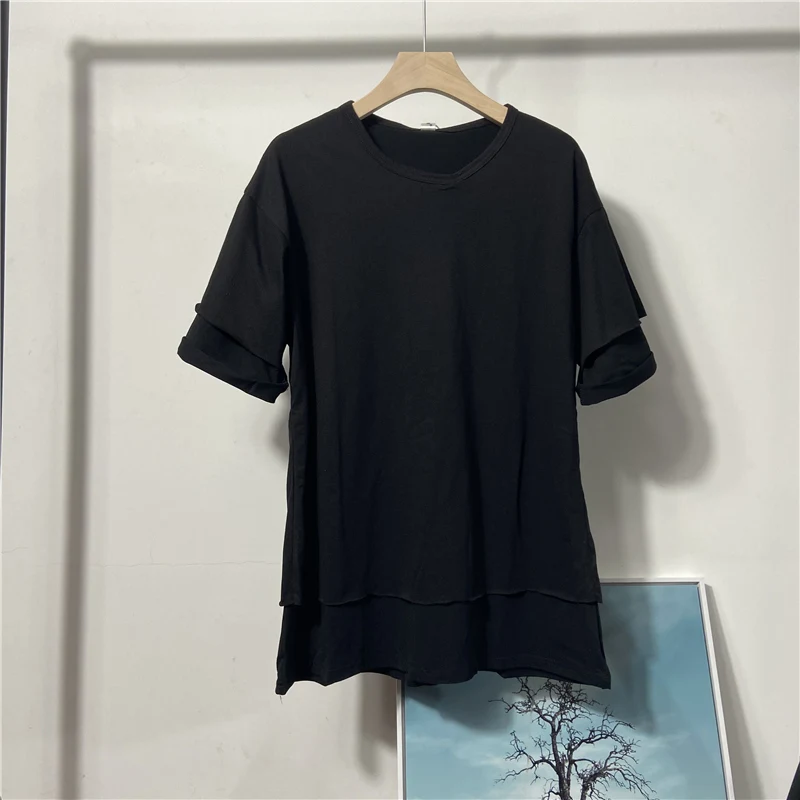 Summer men's dark decadent style round neck short sleeve T-shirt loose pure cotton light version simple fake two piece men's fas